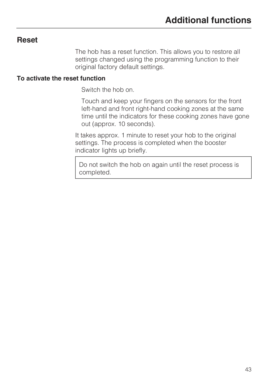 Miele KM6118, KM6117, KM6113, KM6112, KM6116, KM6115 Additional functions, Reset, To activate the reset function 