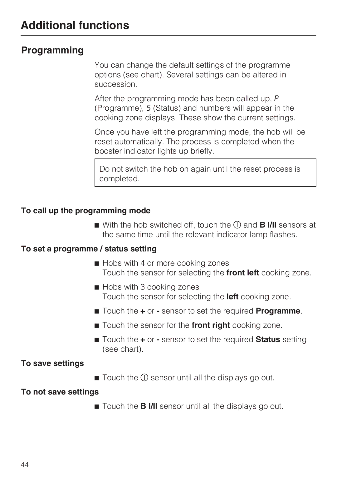 Miele KM6113, KM6117 Programming, To call up the programming mode, To set a programme / status setting, To save settings 