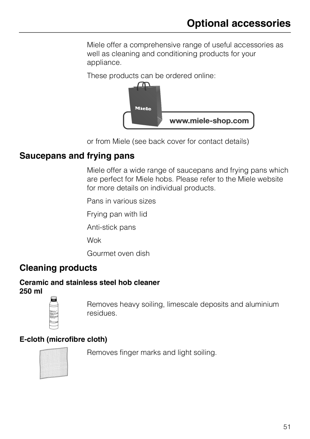 Miele KM6112, KM6117, KM6118 Optional accessories, Saucepans and frying pans, Cleaning products, Cloth microfibre cloth 