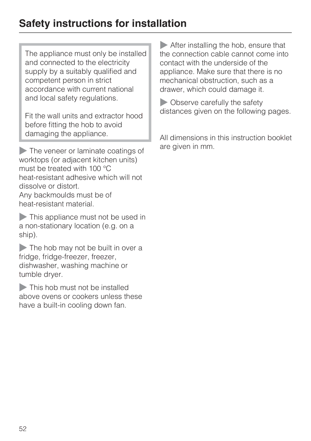 Miele KM6116, KM6117, KM6118, KM6113, KM6112, KM6115 installation instructions Safety instructions for installation 