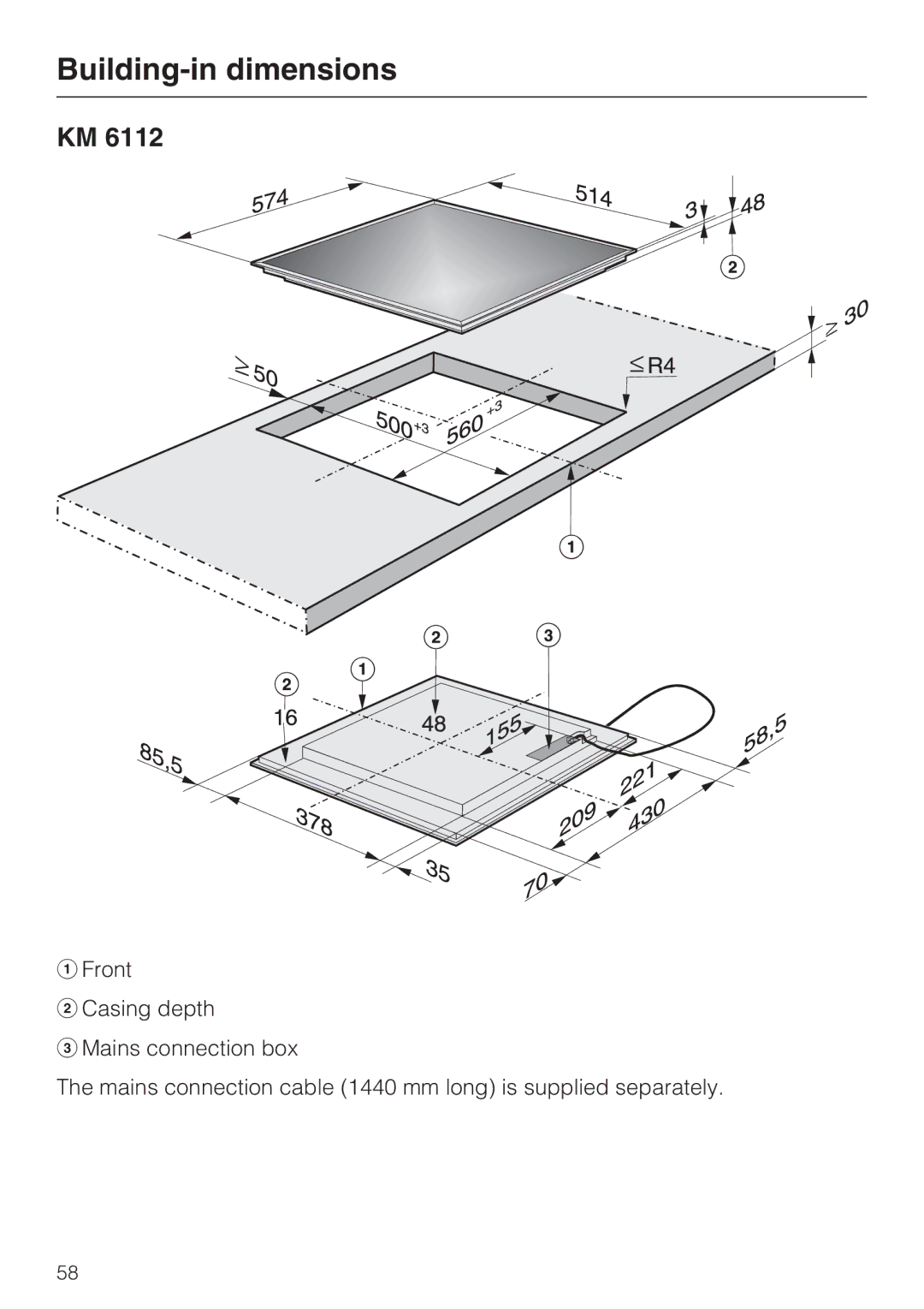 Miele KM6116, KM6117, KM6118, KM6113, KM6112, KM6115 installation instructions Building-in dimensions 