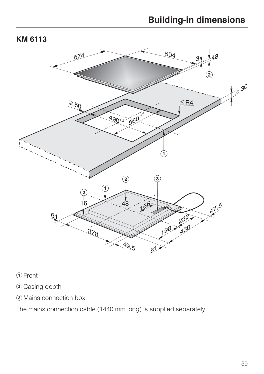 Miele KM6115, KM6117, KM6118, KM6113, KM6112, KM6116 installation instructions Building-in dimensions 