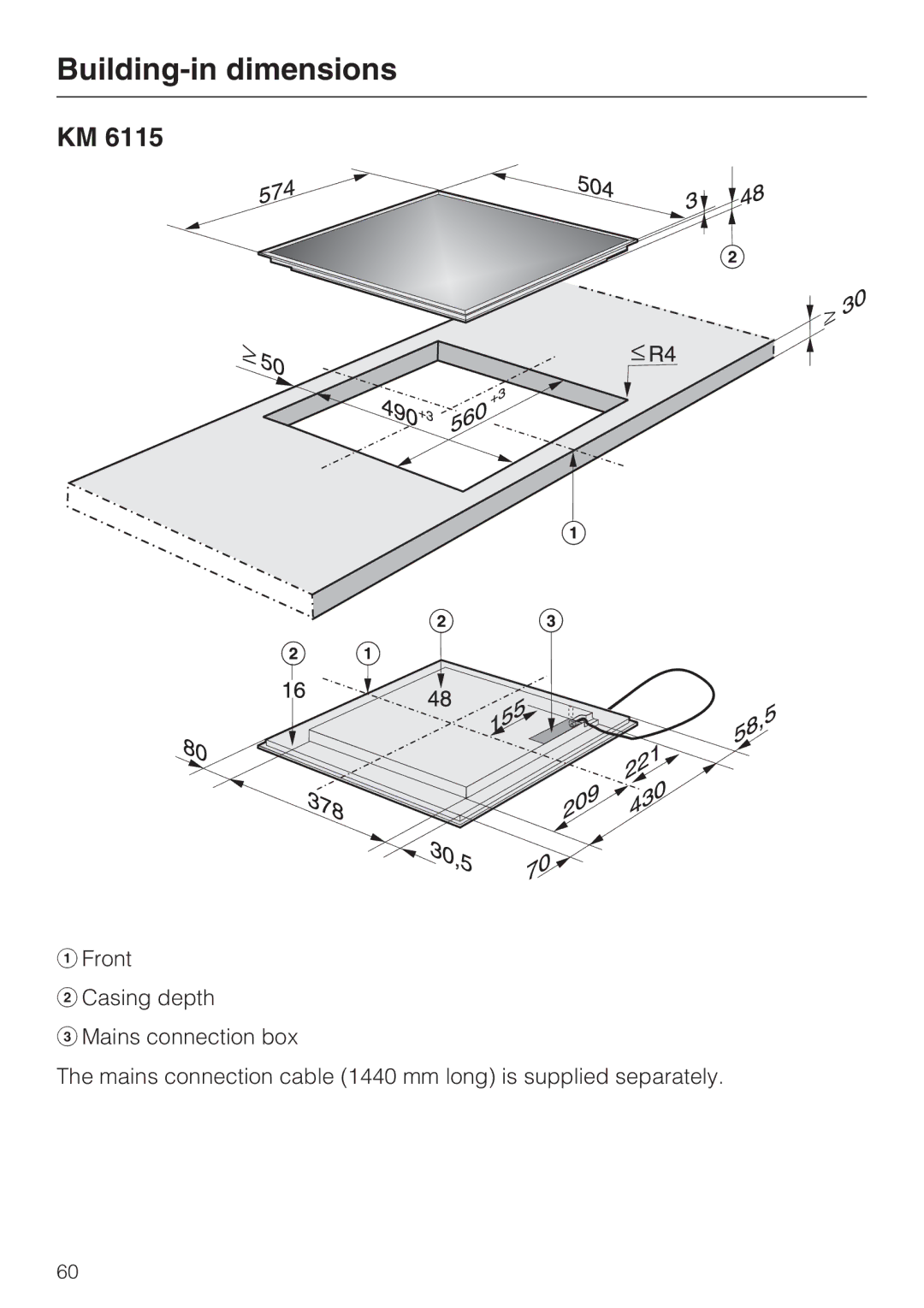 Miele KM6117, KM6118, KM6113, KM6112, KM6116, KM6115 installation instructions Building-in dimensions 