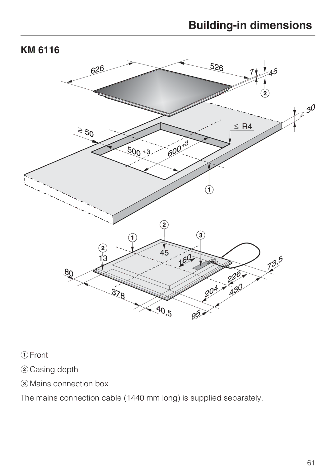 Miele KM6118, KM6117, KM6113, KM6112, KM6116, KM6115 installation instructions Building-in dimensions 