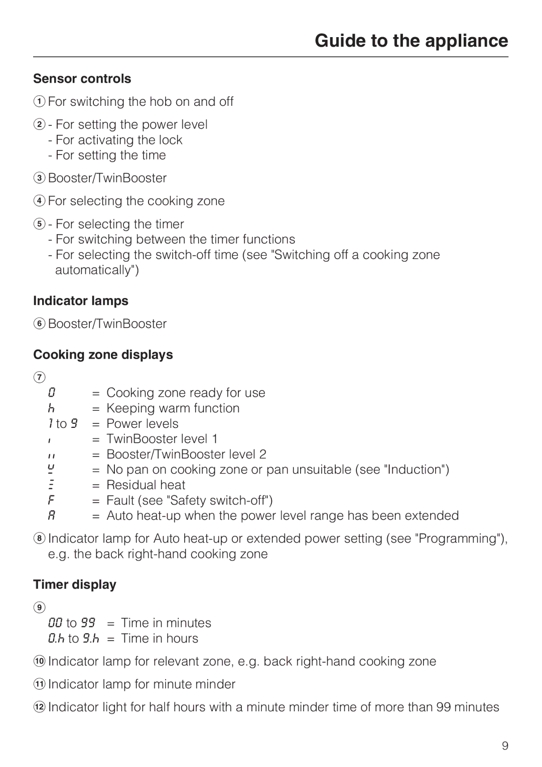 Miele KM6112, KM6117, KM6118, KM6113, KM6116, KM6115 Sensor controls, Indicator lamps, Cooking zone displays, Timer display 
