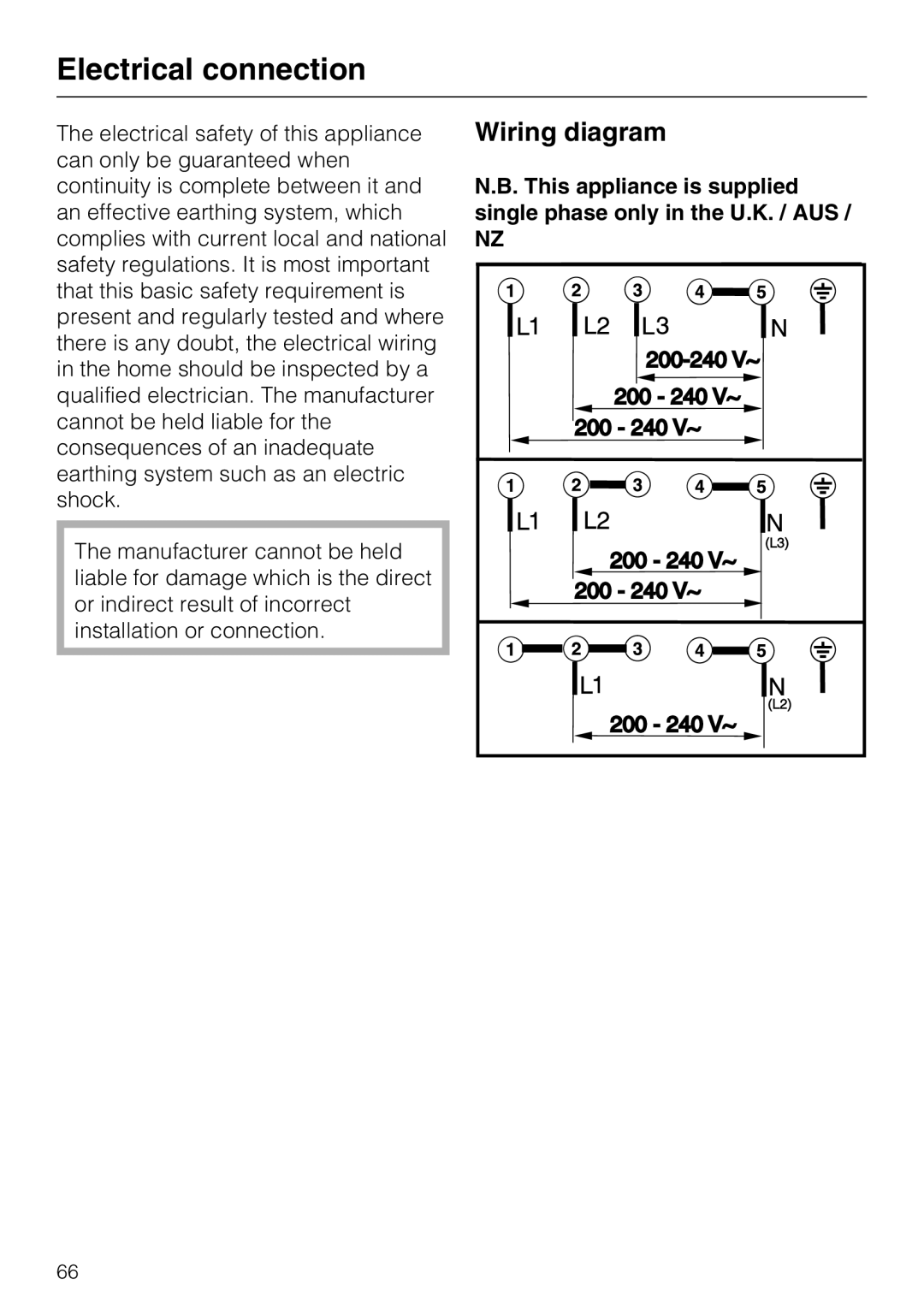 Miele KM6117 Wiring diagram, Electrical connection, N.B. This appliance is supplied single phase only in the U.K. / AUS 