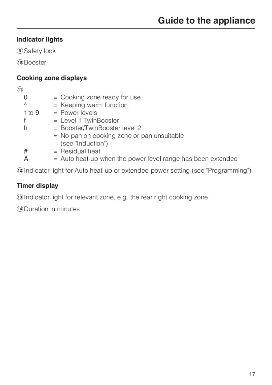 Miele KM6347, KM6323, KM6348, KM6322 installation instructions Indicator lights, Cooking zone displays, Timer display 