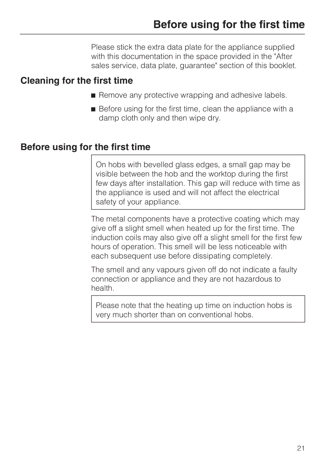 Miele KM6347, KM6323, KM6348, KM6322 installation instructions Before using for the first time, Cleaning for the first time 