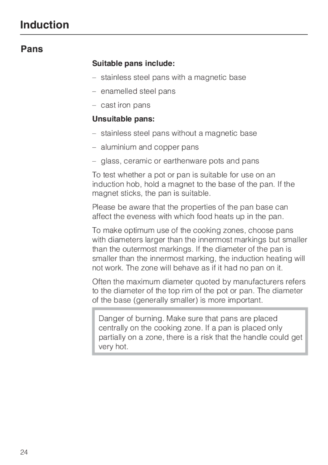 Miele KM6323, KM6347, KM6348, KM6322 installation instructions Pans, Suitable pans include, Unsuitable pans 