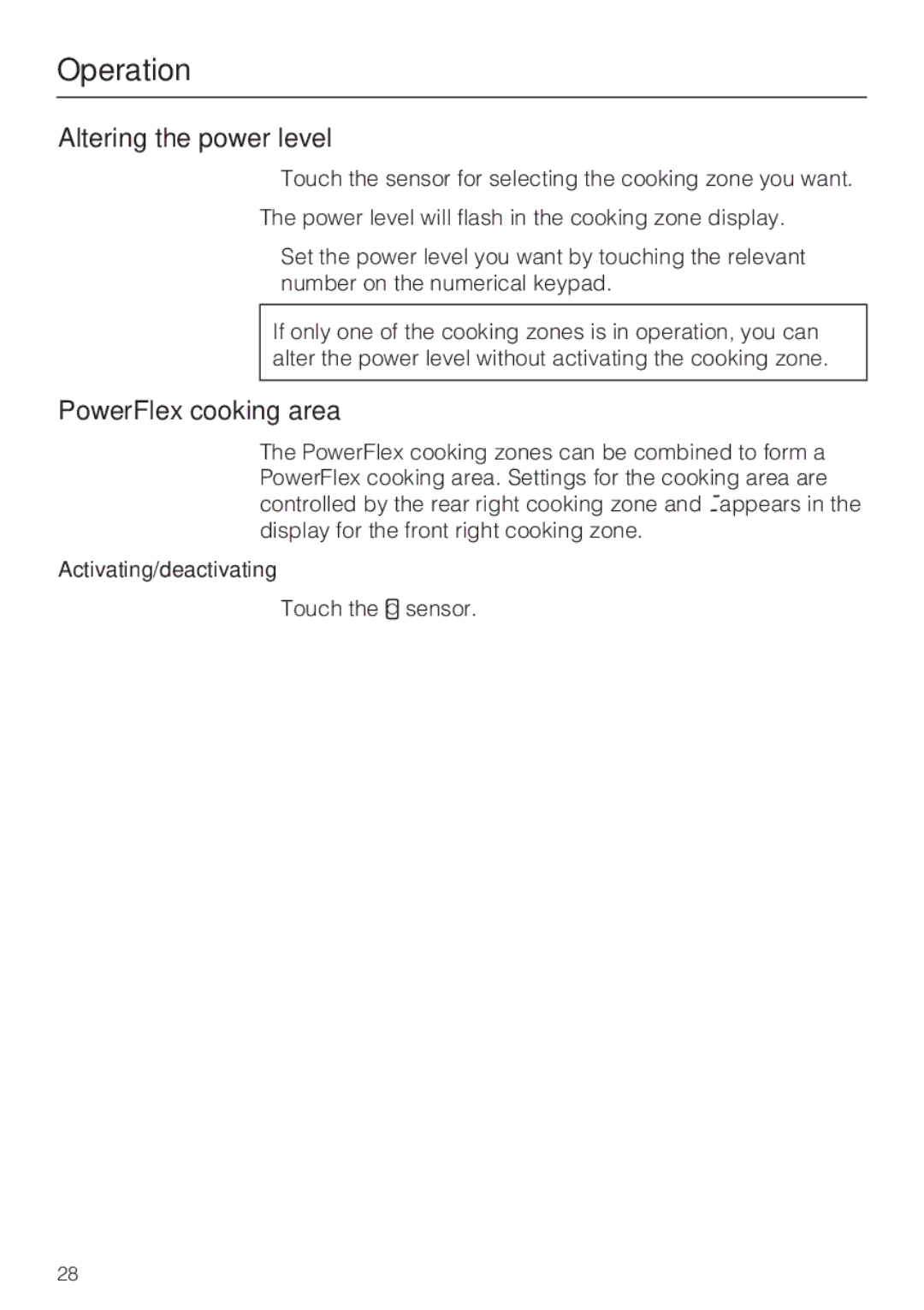 Miele KM6323, KM6347, KM6348, KM6322 Altering the power level, PowerFlex cooking area, Activating/deactivating 