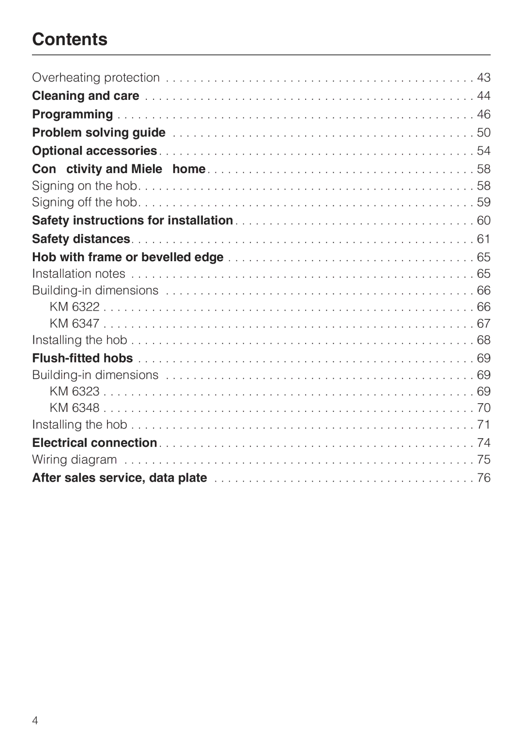 Miele KM6323, KM6347, KM6348, KM6322 installation instructions Contents 