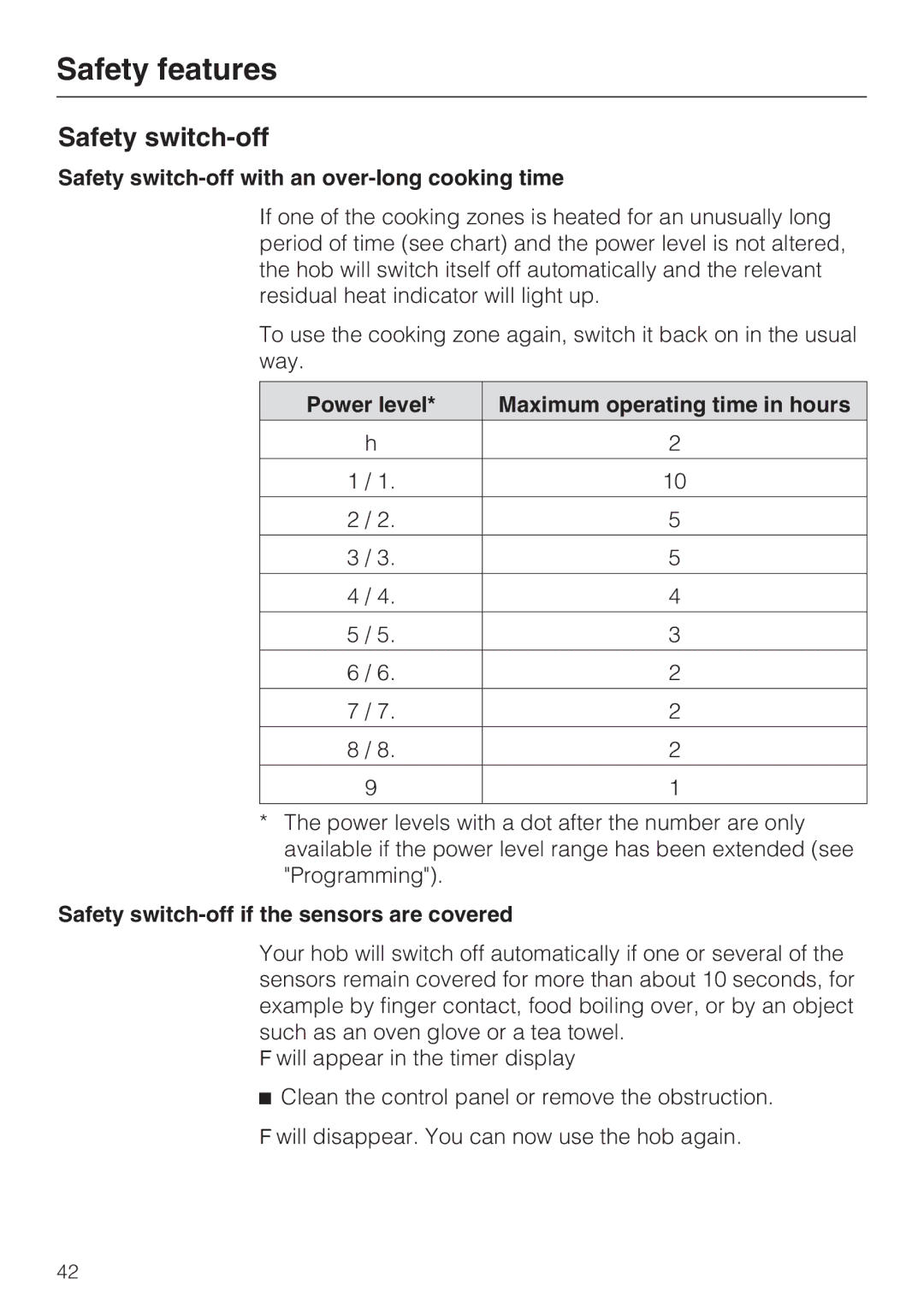 Miele KM6348, KM6323 Safety switch-off with an over-long cooking time, Power level Maximum operating time in hours 