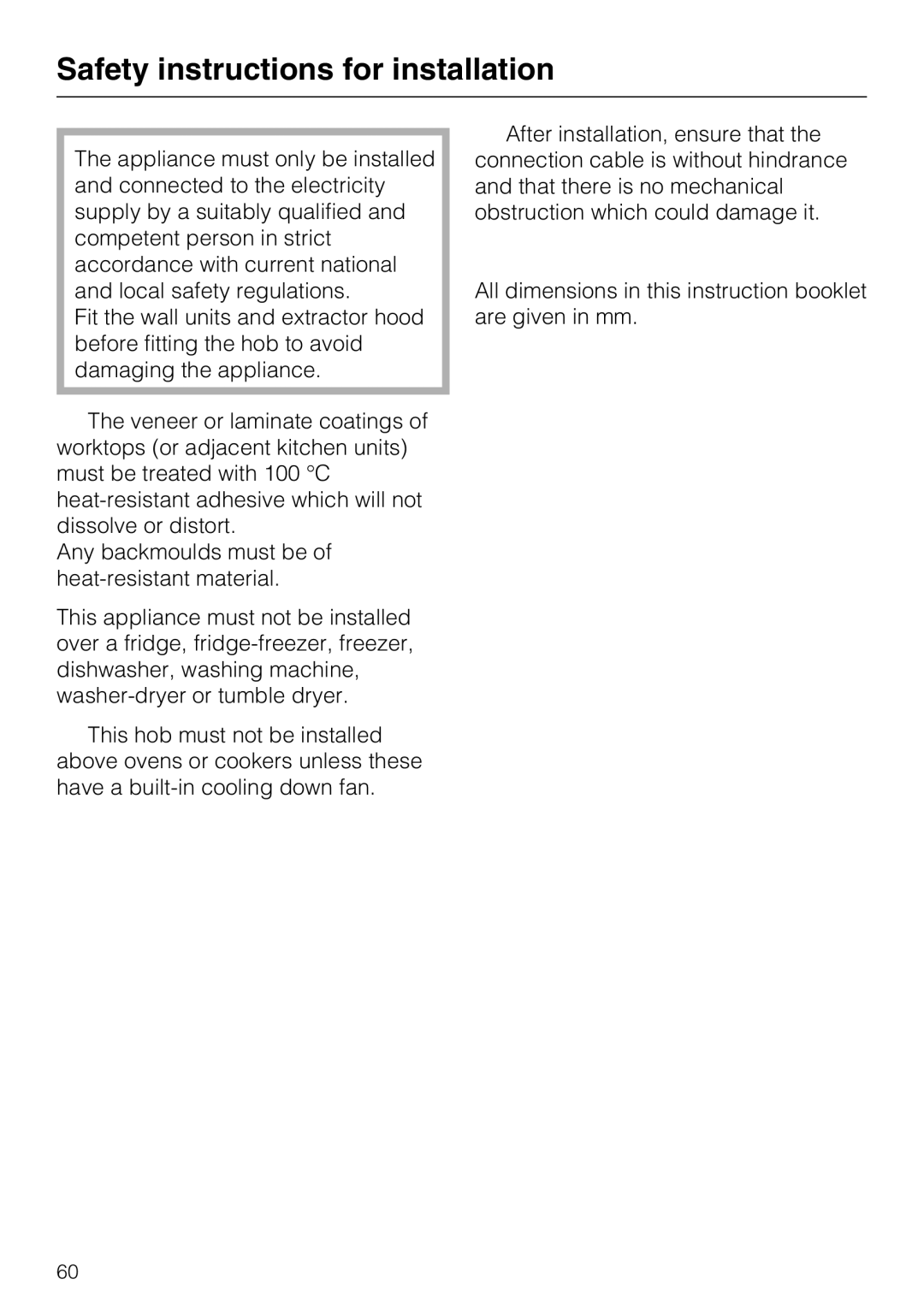 Miele KM6323, KM6347, KM6348, KM6322 installation instructions Safety instructions for installation 