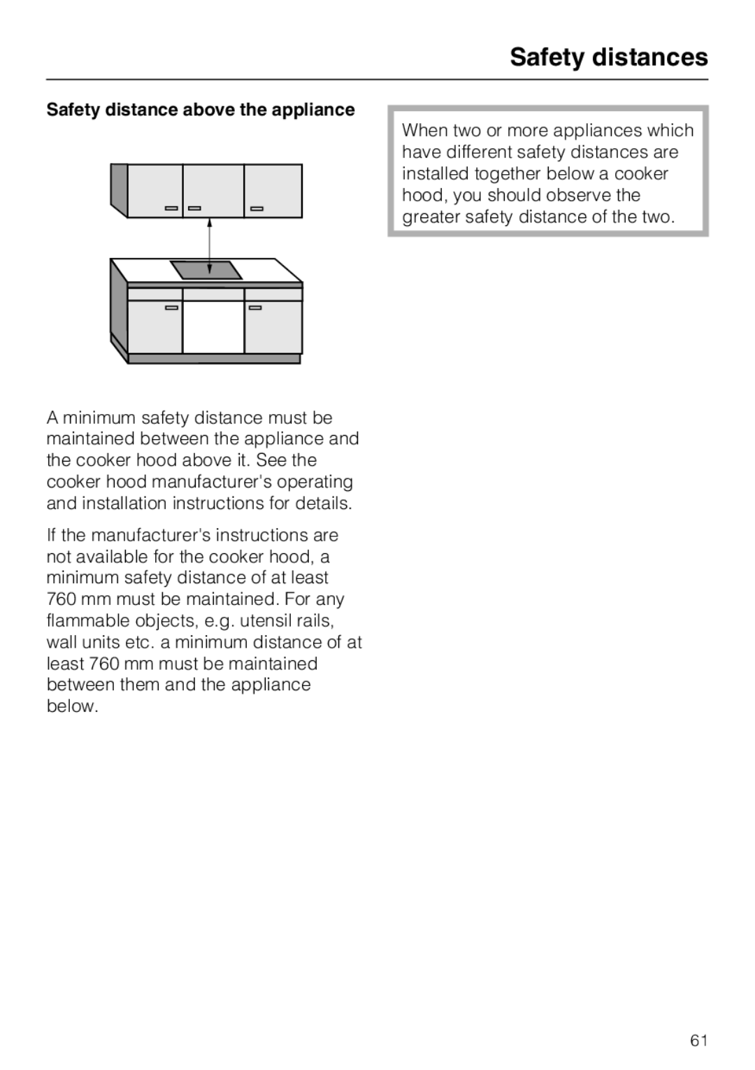 Miele KM6347, KM6323, KM6348, KM6322 installation instructions Safety distances, Safety distance above the appliance 