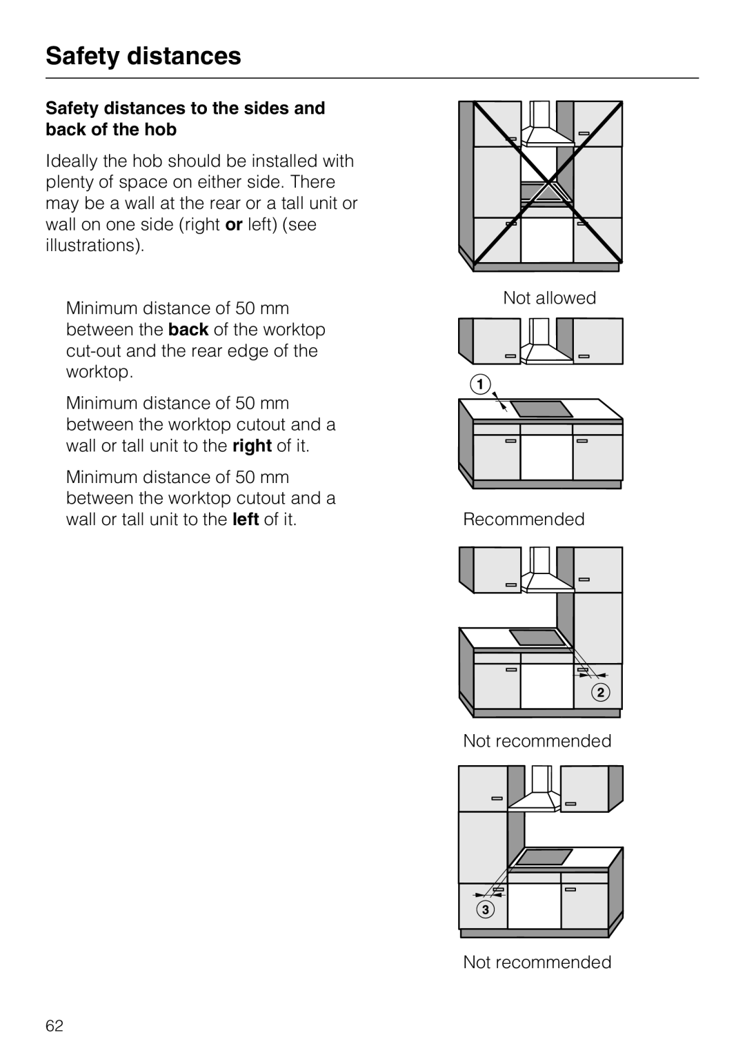 Miele KM6348, KM6323, KM6347, KM6322 installation instructions Safety distances to the sides and back of the hob 