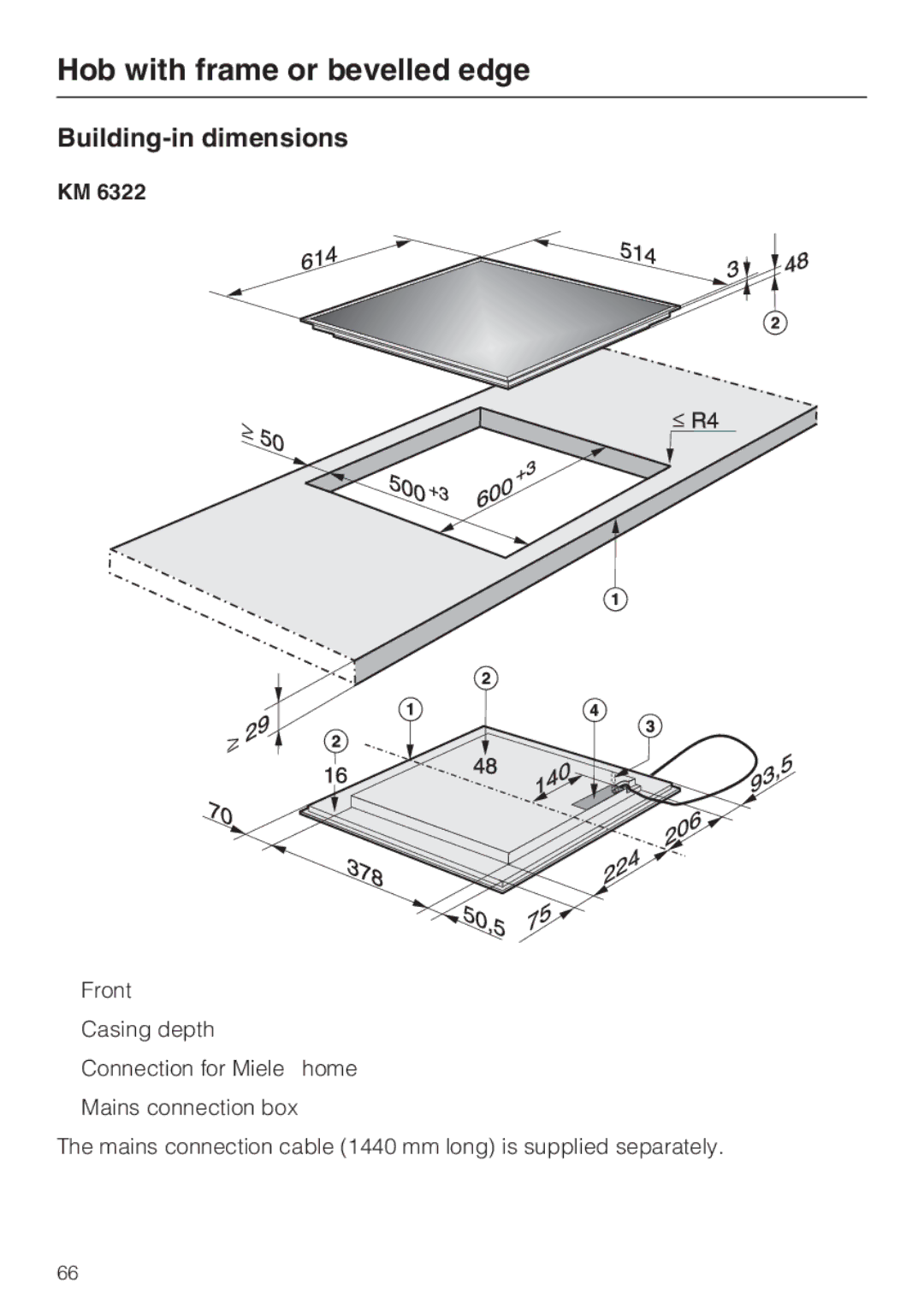 Miele KM6348, KM6323, KM6347, KM6322 installation instructions Building-in dimensions 