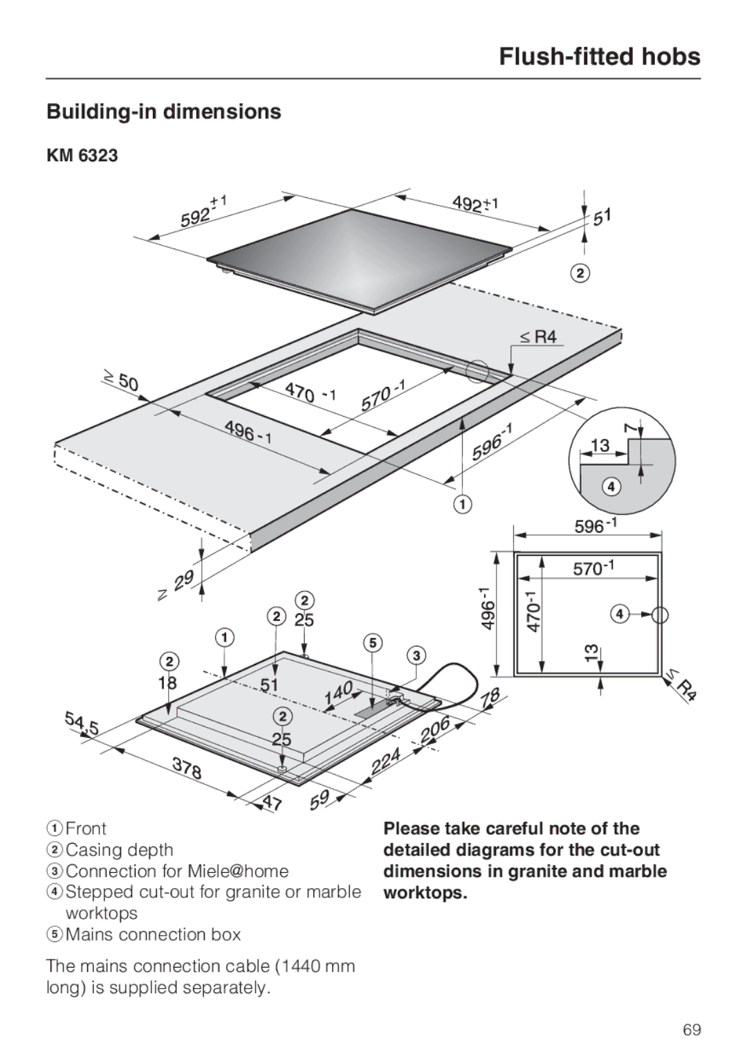 Miele KM6347, KM6323, KM6348 Flush-fitted hobs, Please take careful note, Detailed diagrams for the cut-out, Worktops 