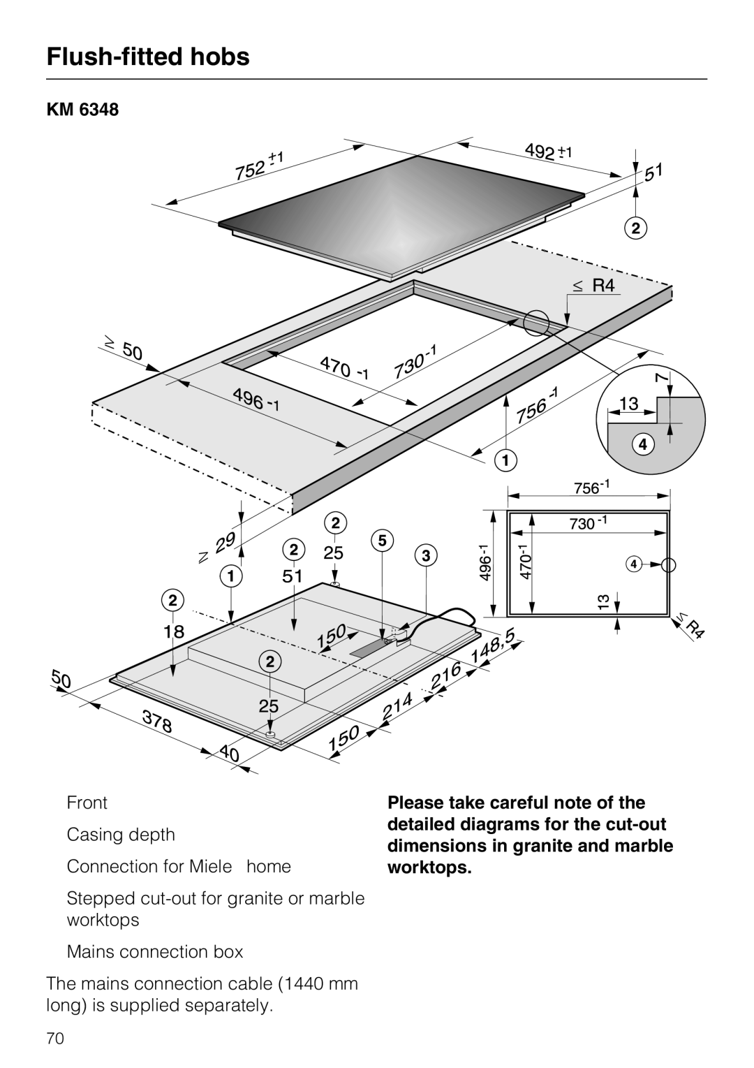 Miele KM6348, KM6323, KM6347, KM6322 installation instructions Flush-fitted hobs 