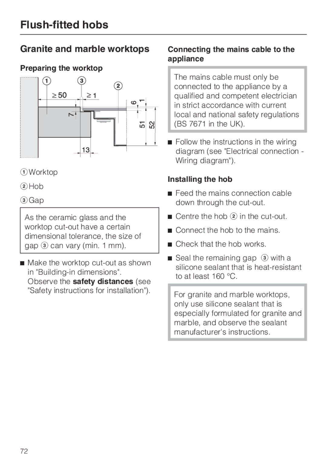 Miele KM6323, KM6347, KM6348, KM6322 installation instructions Granite and marble worktops, Preparing the worktop 