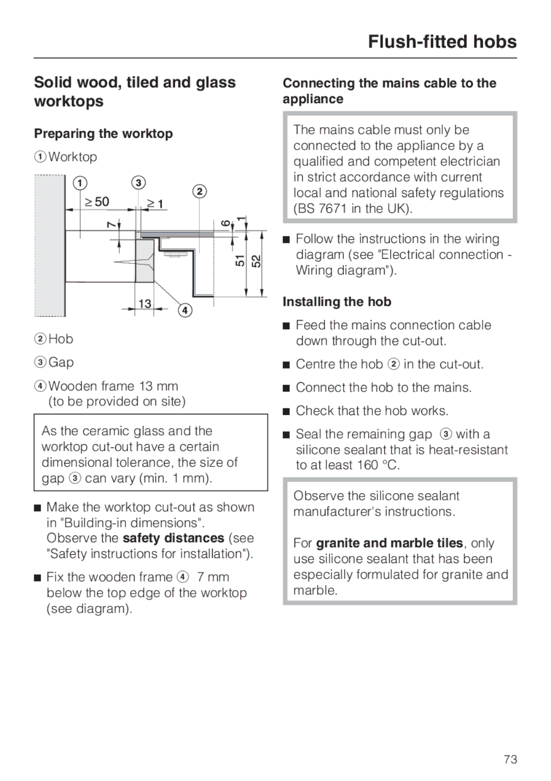 Miele KM6347, KM6323, KM6348, KM6322 installation instructions Solid wood, tiled and glass worktops 