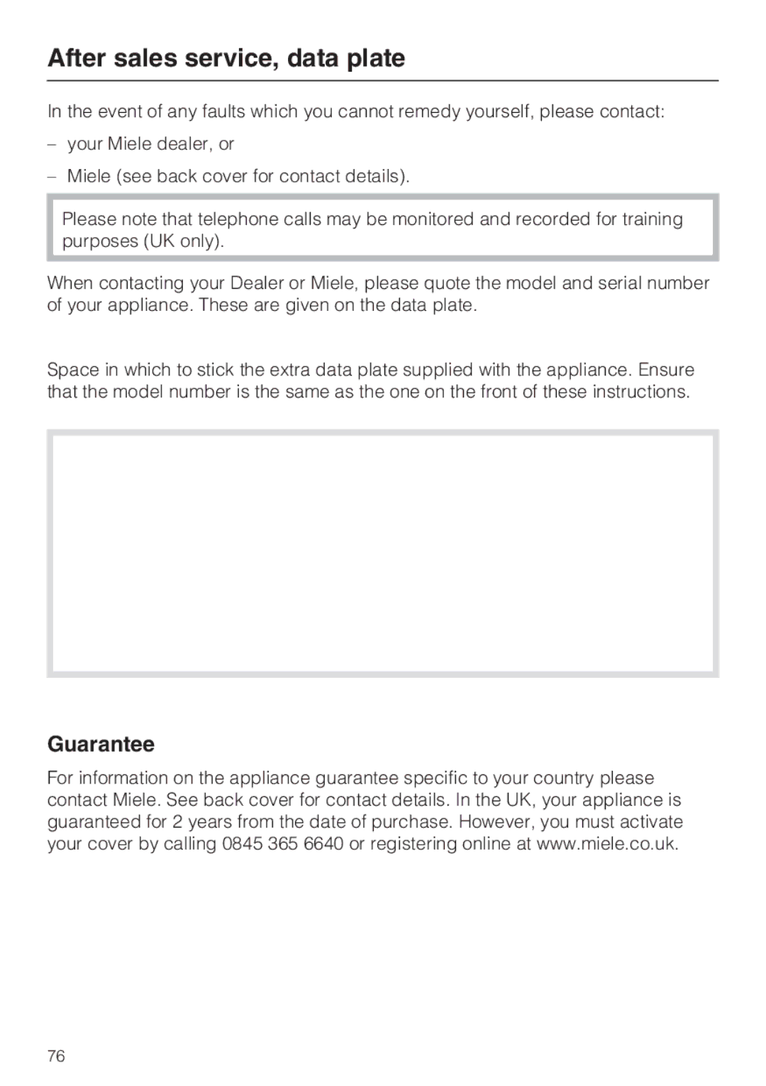 Miele KM6323, KM6347, KM6348, KM6322 installation instructions After sales service, data plate, Guarantee 