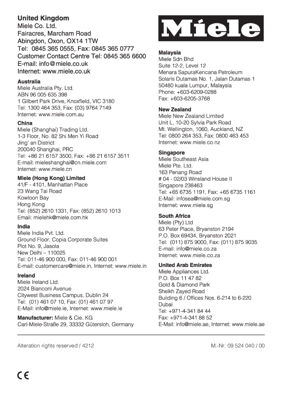 Miele KM6323, KM6347, KM6348, KM6322 installation instructions Alteration rights reserved Nr 524 040 