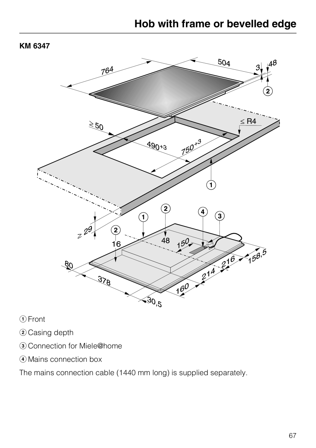 Miele KM6322, KM6323, KM6347, KM6348 installation instructions Hob with frame or bevelled edge 