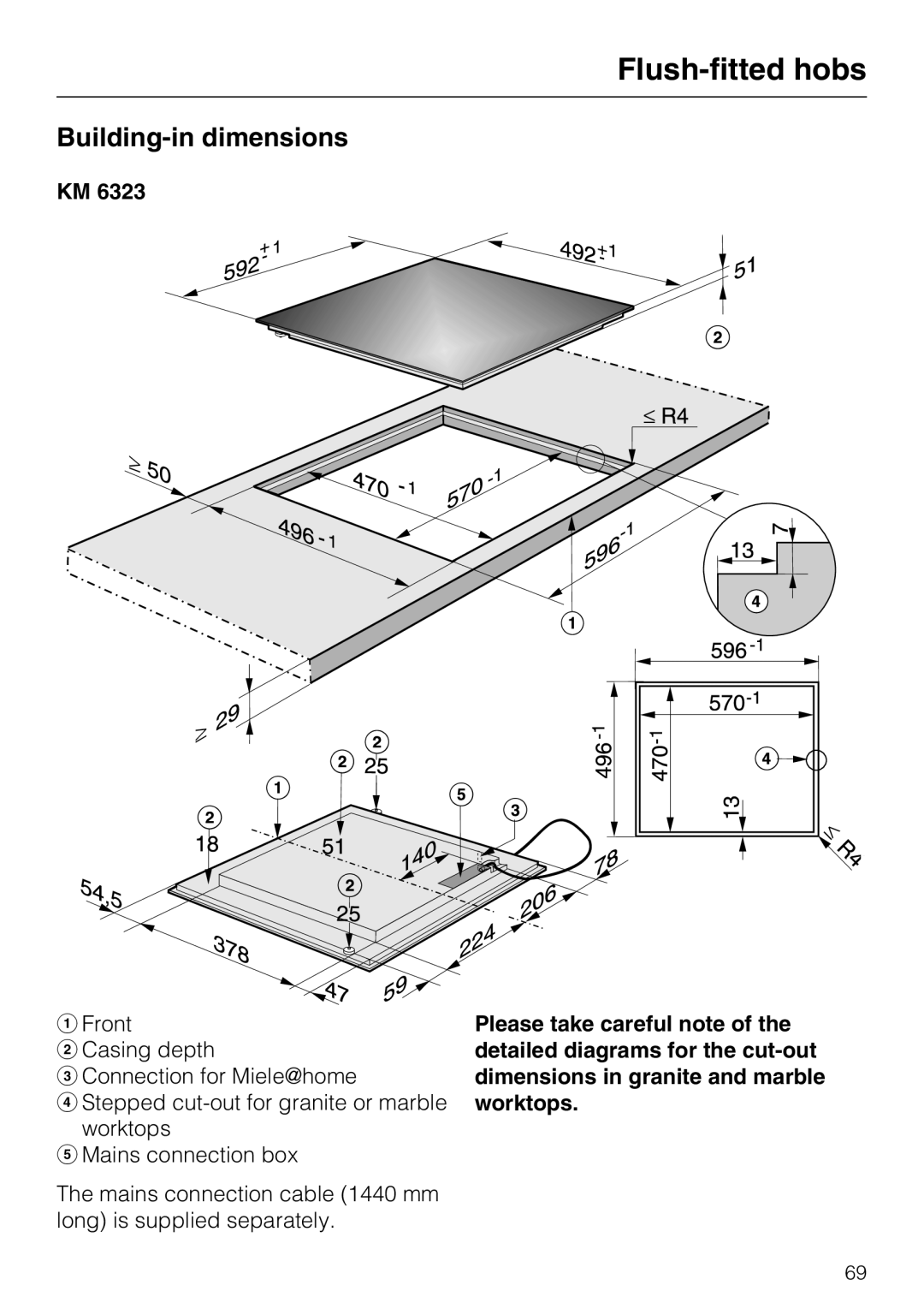 Miele KM6347 Flush-fitted hobs, Building-in dimensions, Please take careful note of the, detailed diagrams for the cut-out 