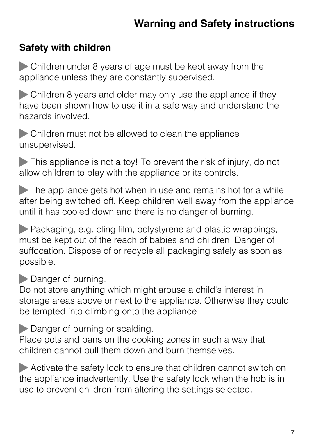 Miele KM6322, KM6323, KM6347, KM6348 installation instructions Safety with children, Warning and Safety instructions 