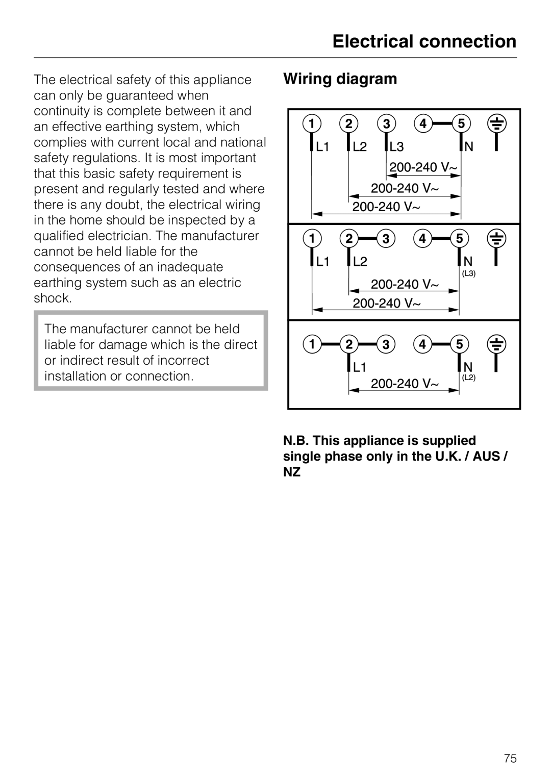 Miele KM6322 Wiring diagram, Electrical connection, N.B. This appliance is supplied single phase only in the U.K. / AUS 