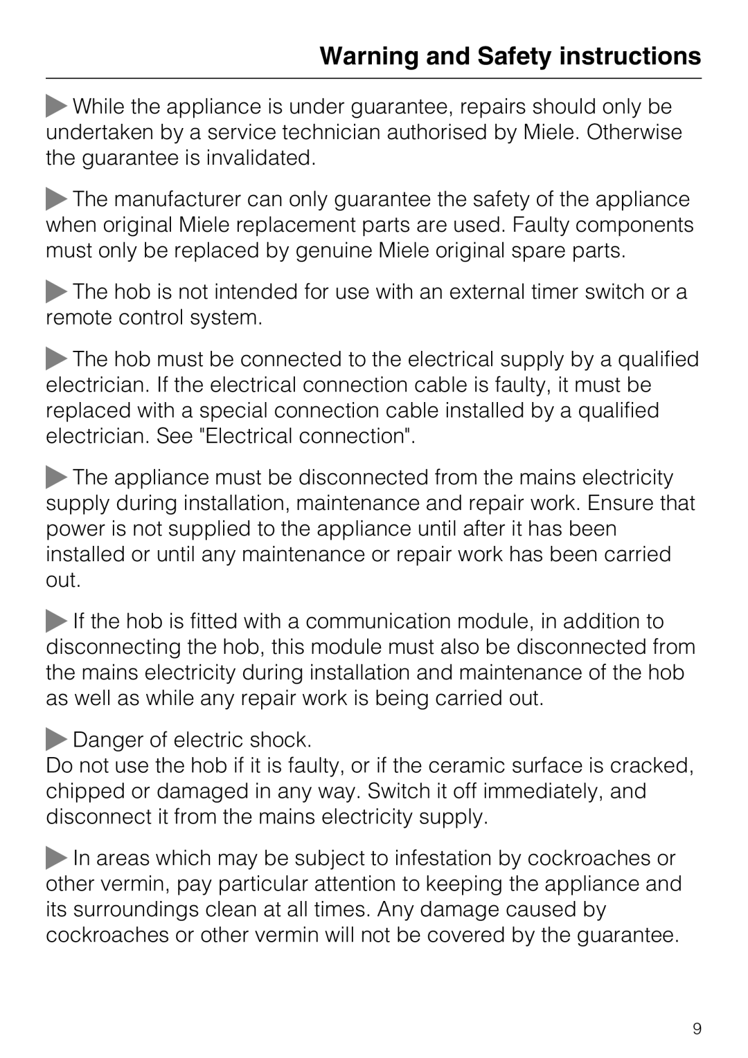 Miele KM6347, KM6323, KM6348, KM6322 installation instructions Warning and Safety instructions, Danger of electric shock 