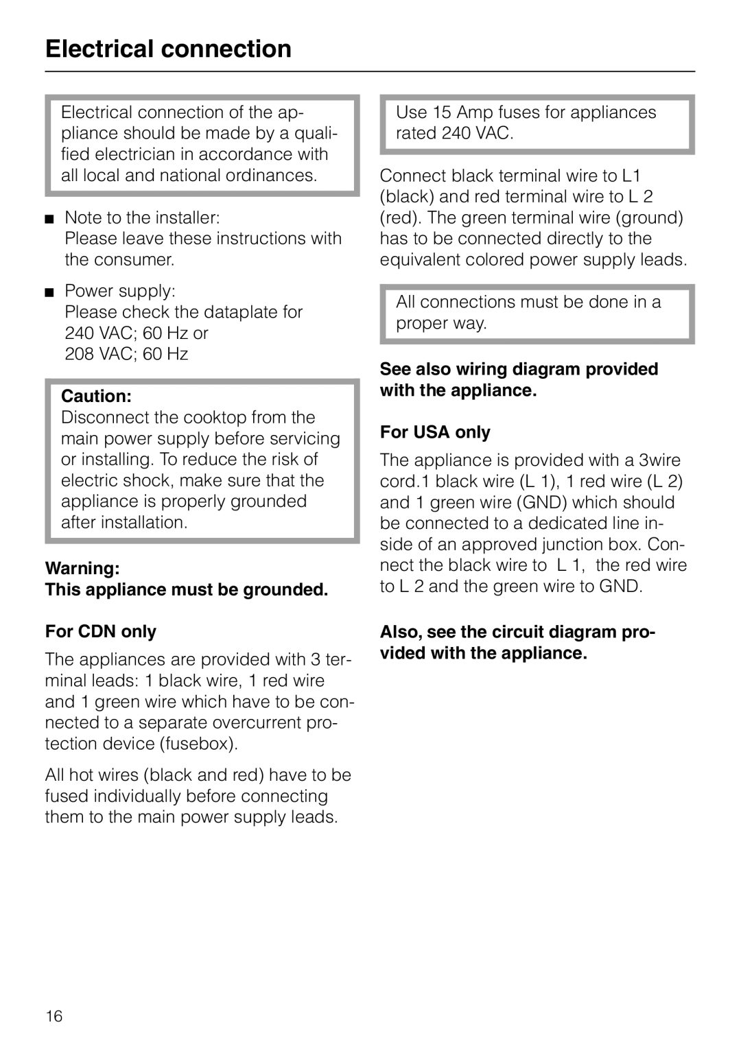 Miele KM82-2, KM 92-2 manual Electrical connection, This appliance must be grounded For CDN only 