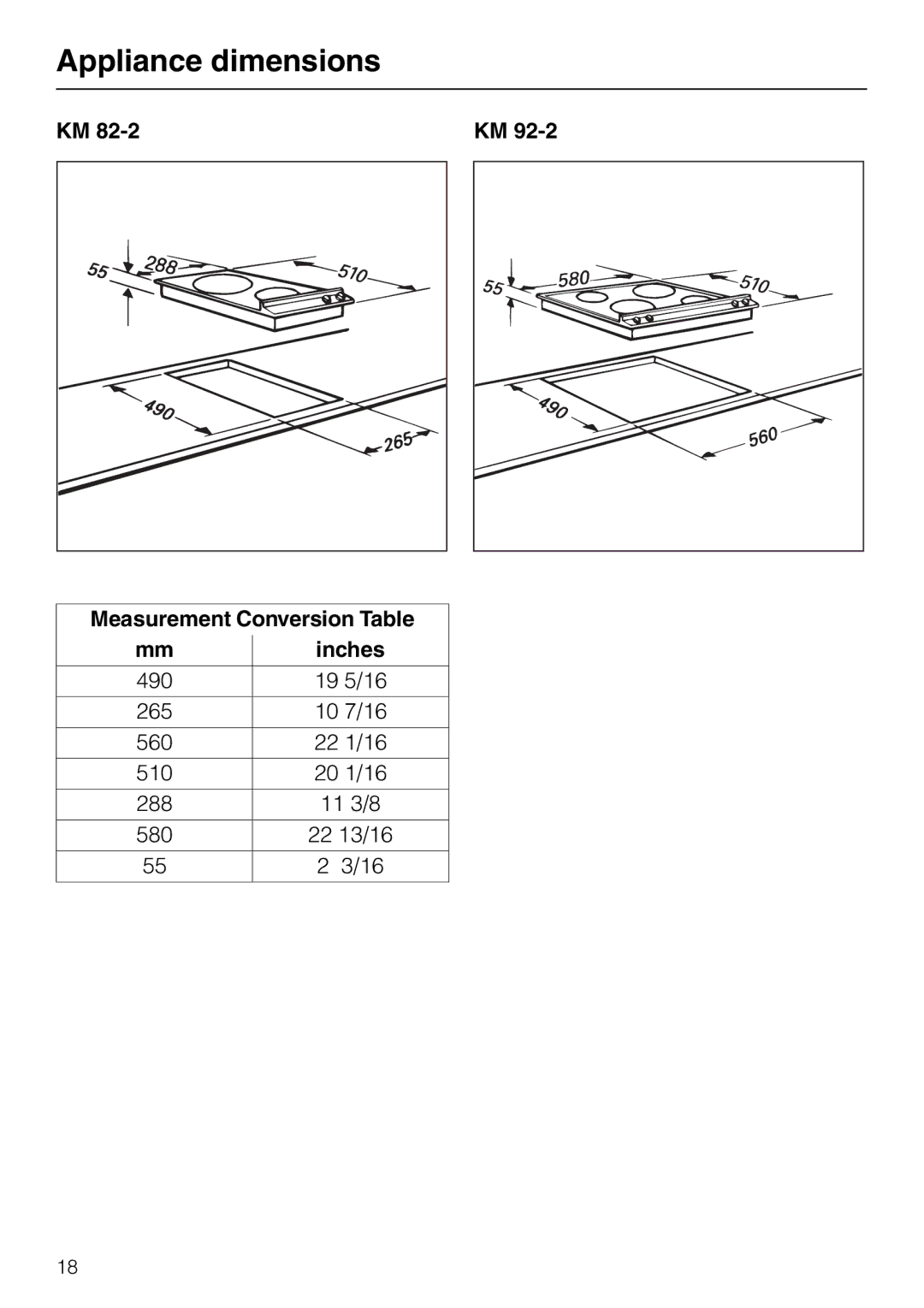 Miele KM82-2, KM 92-2 manual Appliance dimensions, Measurement Conversion Table Inches 