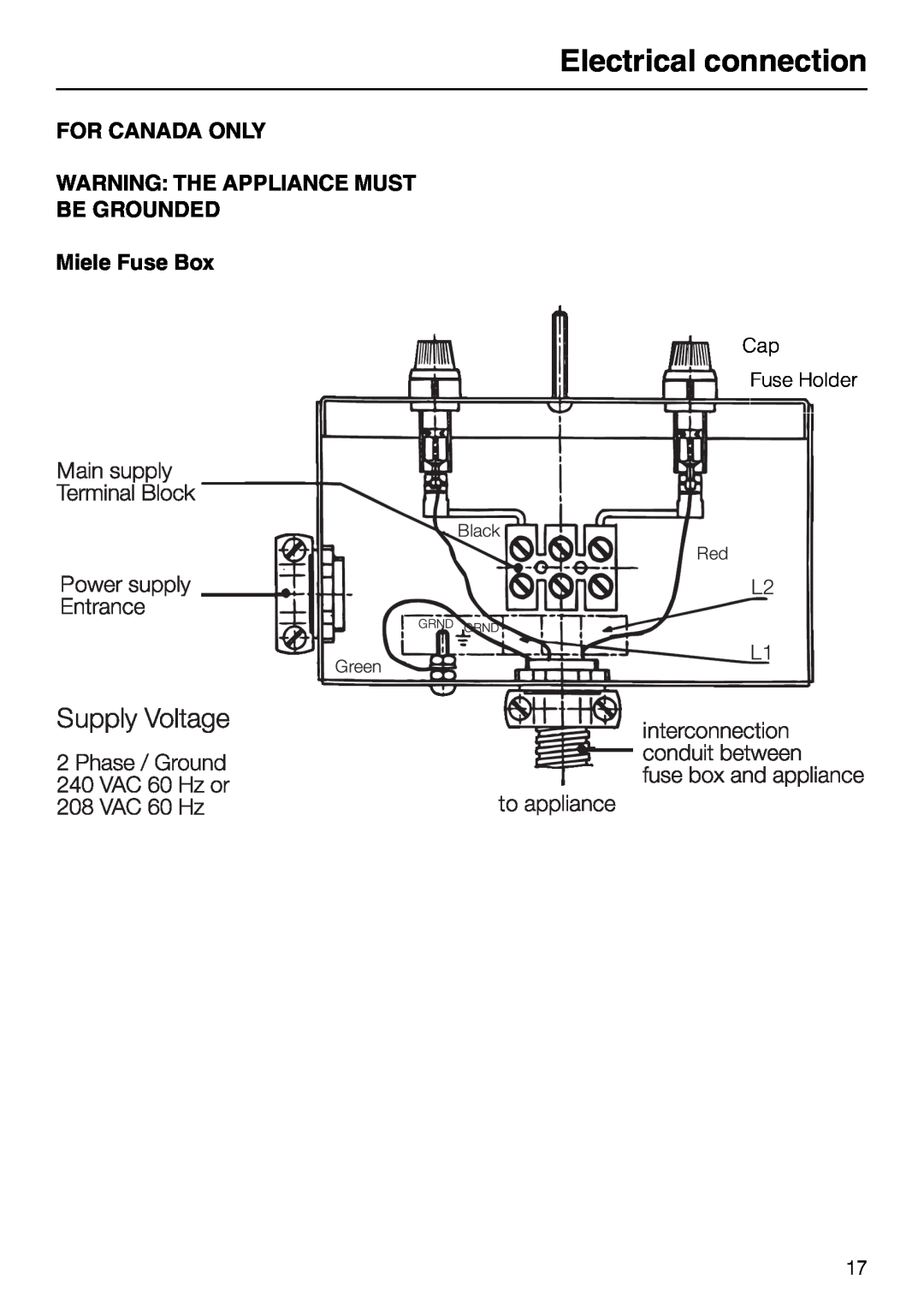 Miele KM 92-2, KM82-2 manual FOR CANADA ONLY WARNING THE APPLIANCE MUST BE GROUNDED Miele Fuse Box, Electrical connection 