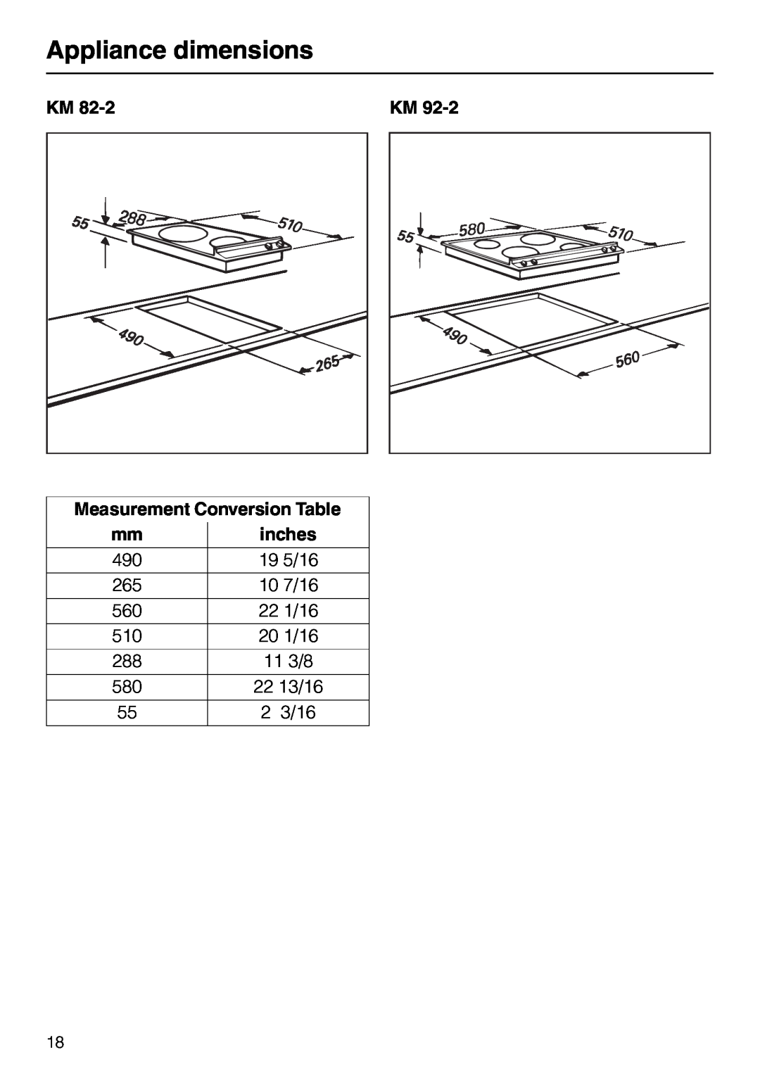 Miele KM82-2, KM 92-2 manual Appliance dimensions, Measurement Conversion Table, inches 