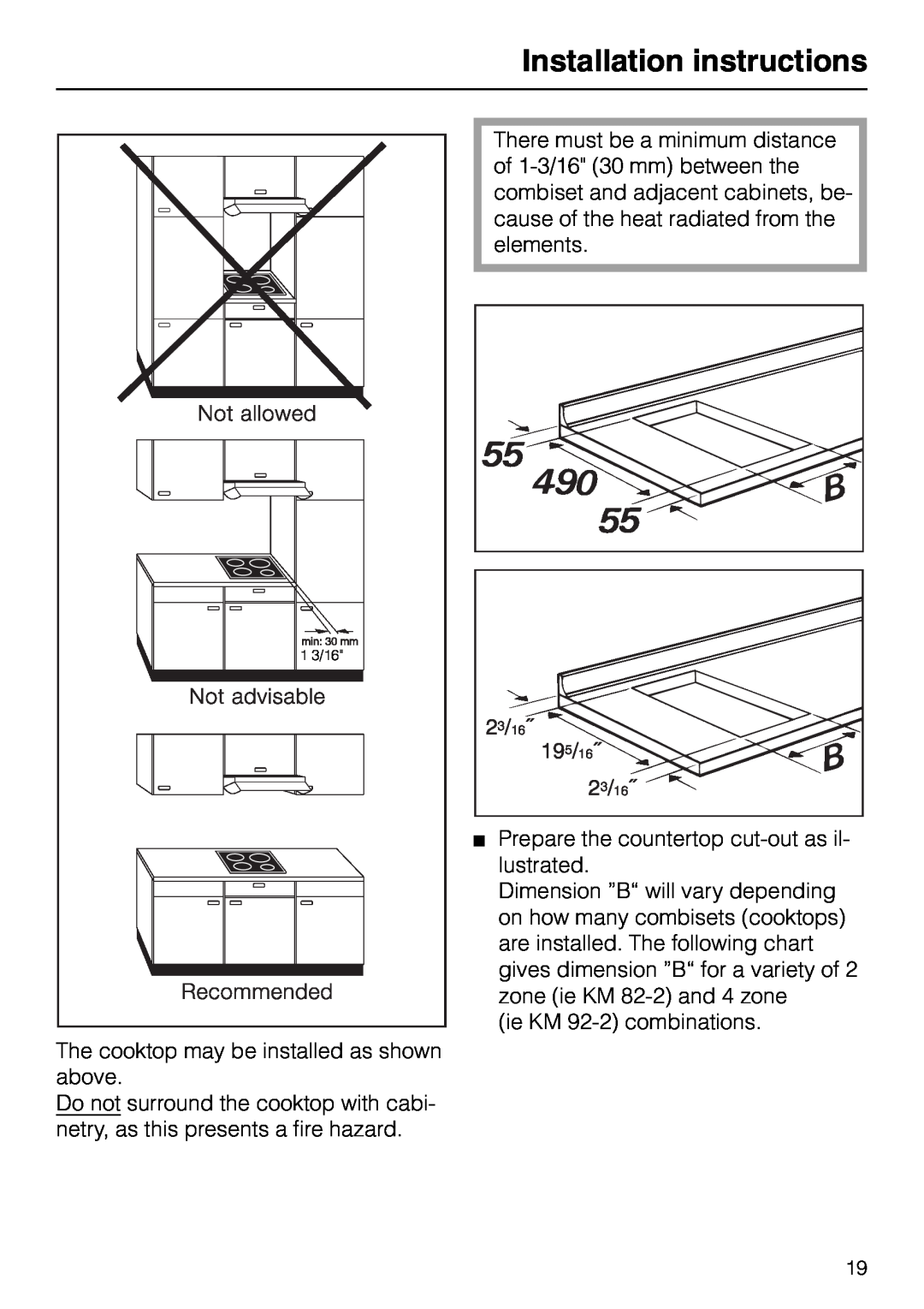 Miele KM 92-2, KM82-2 manual Installation instructions, 1 3/16 