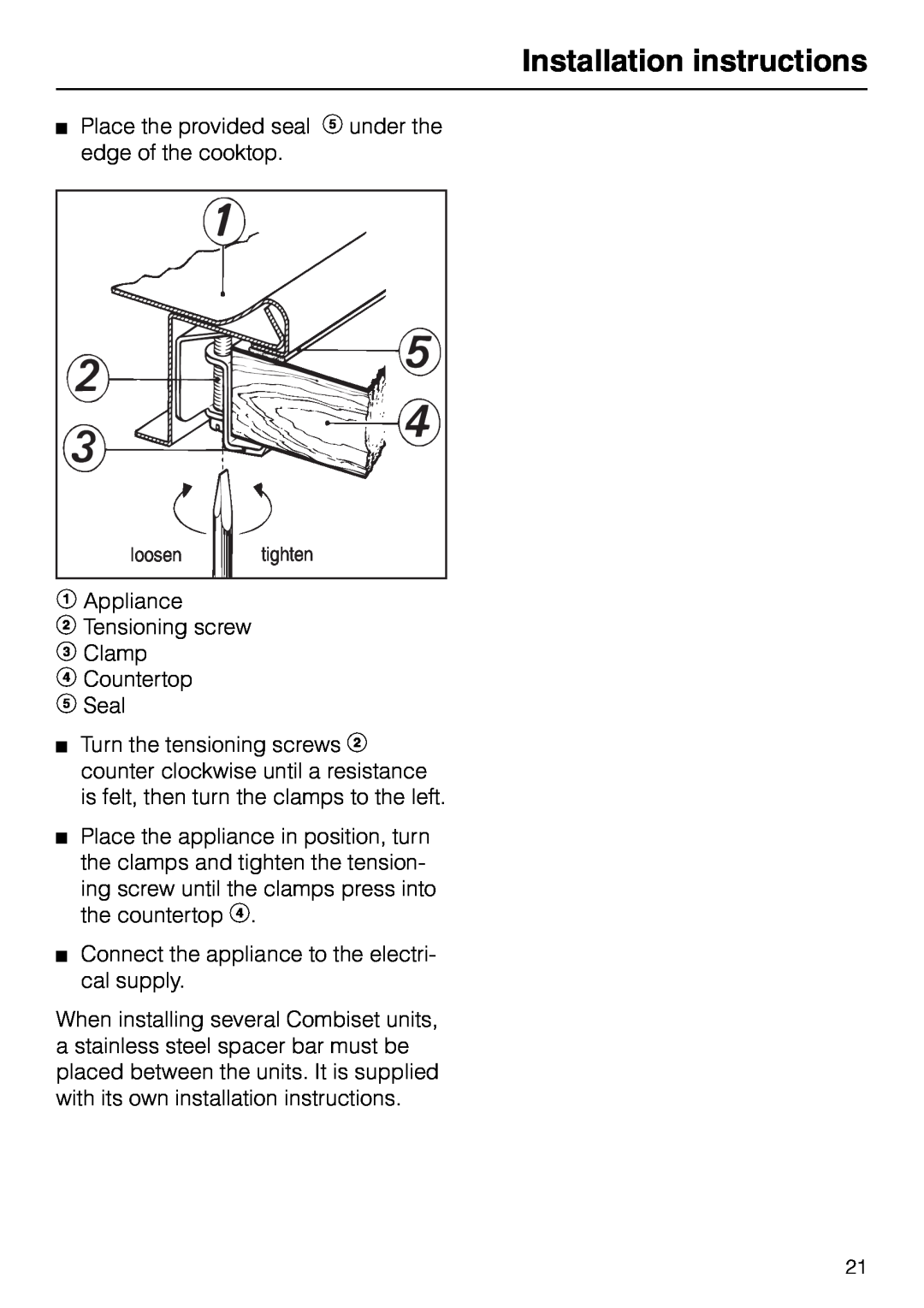 Miele KM 92-2, KM82-2 manual Installation instructions, Place the provided seal f under the edge of the cooktop 