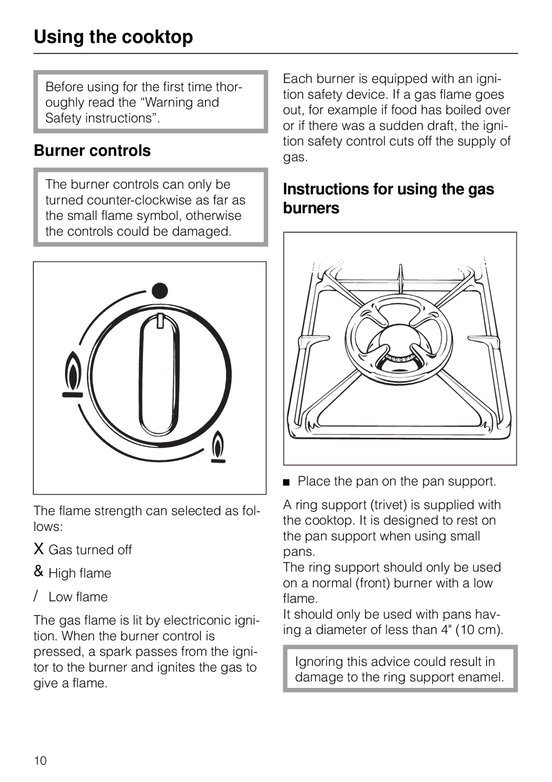 Miele KM83-2, KM 93-2 manual Using the cooktop, Burner controls 