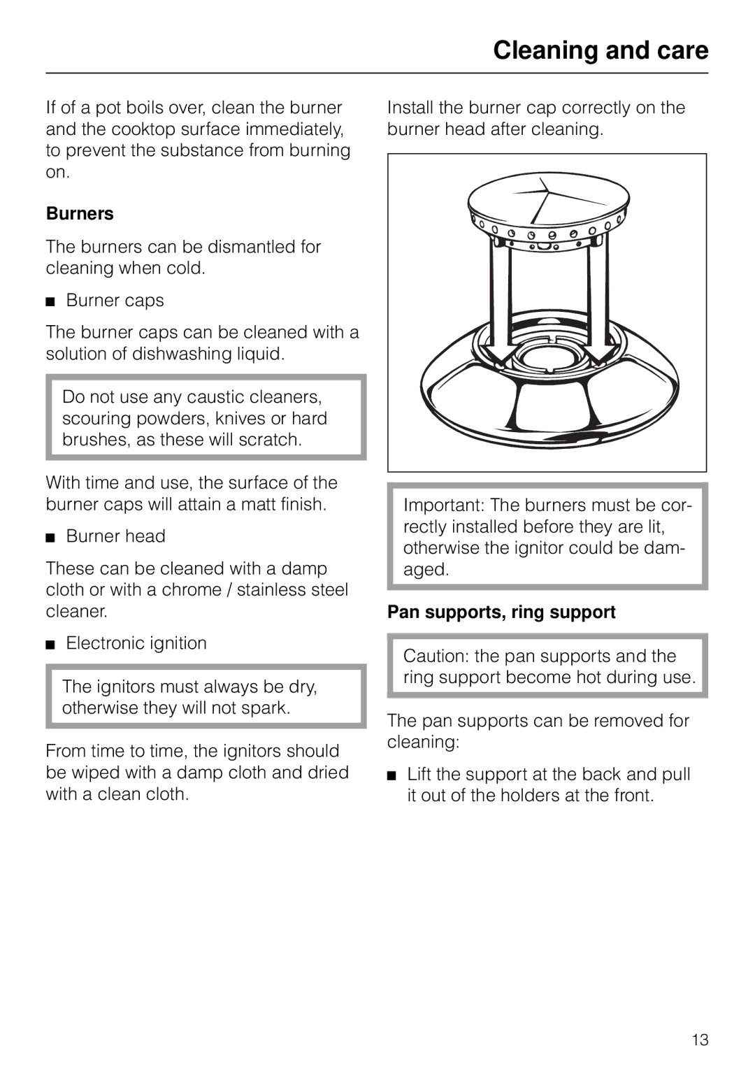 Miele KM 93-2, KM83-2 manual Cleaning and care, Burners, Pan supports, ring support 