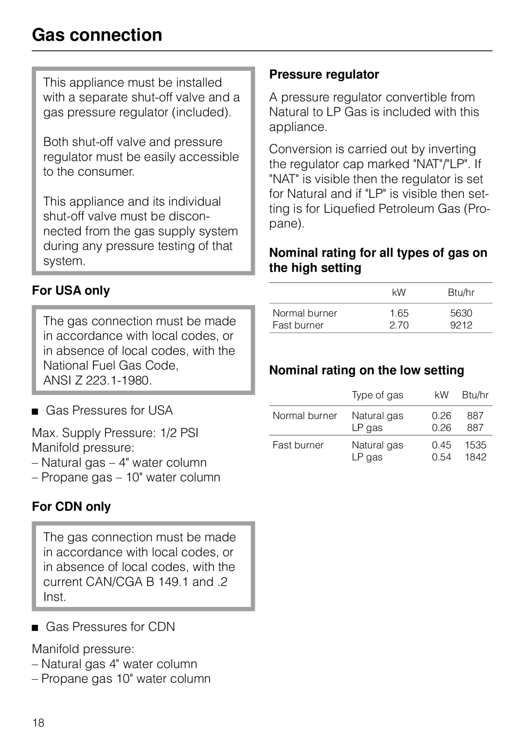 Miele KM83-2, KM 93-2 manual Gas connection 