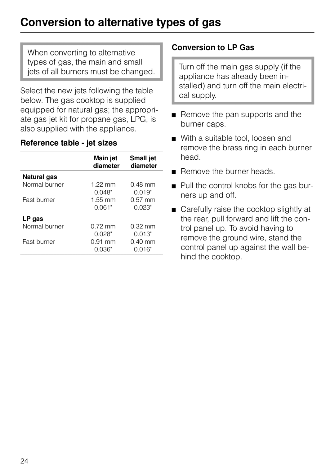 Miele KM83-2, KM 93-2 manual Conversion to alternative types of gas, Reference table jet sizes, Conversion to LP Gas 