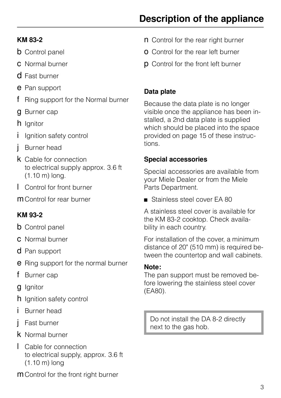 Miele KM 93-2, KM83-2 manual Data plate, Special accessories 