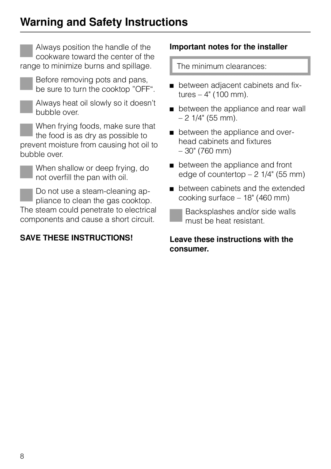 Miele KM83-2, KM 93-2 manual Important notes for the installer, Leave these instructions with the consumer 