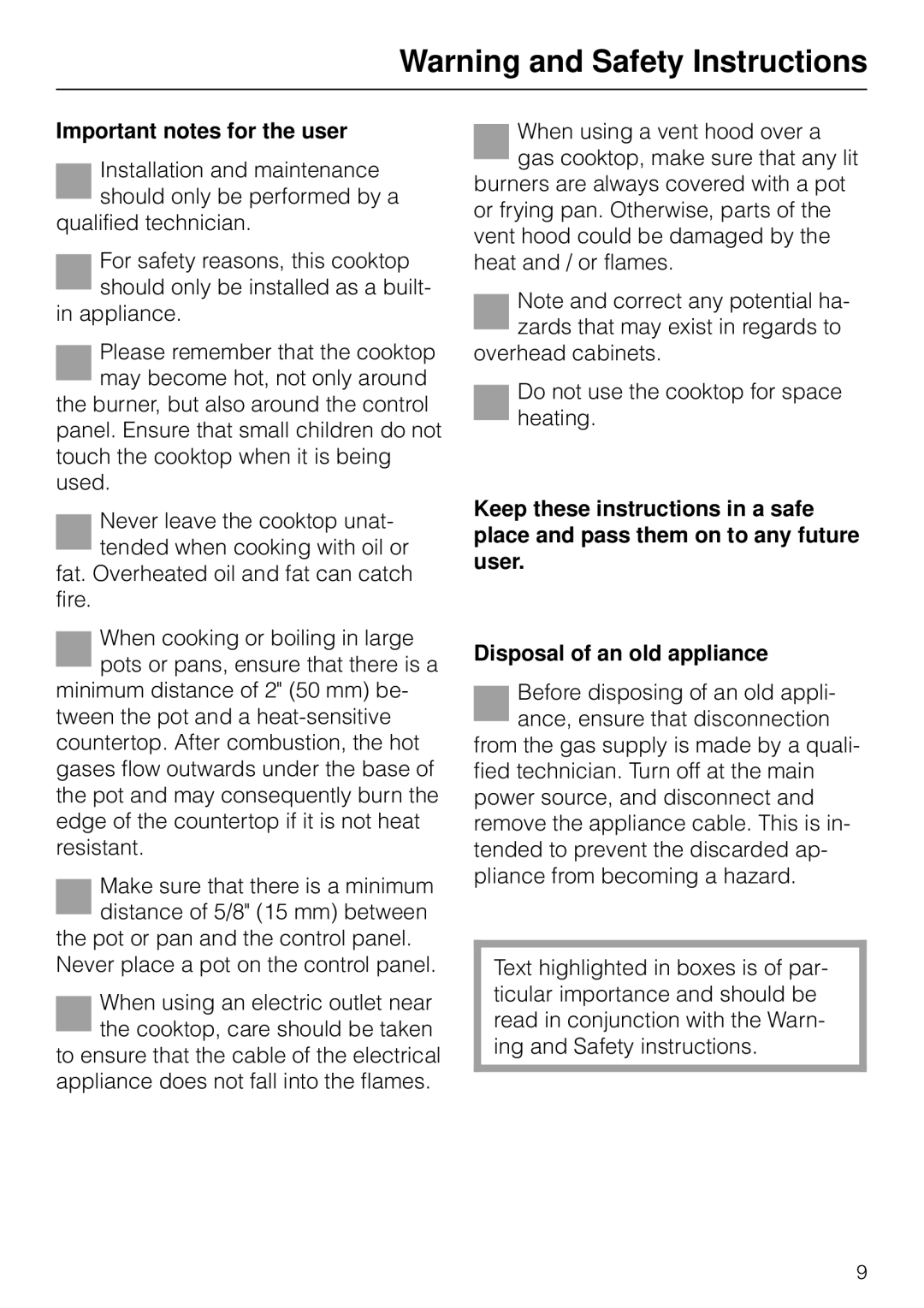 Miele KM 93-2, KM83-2 manual Important notes for the user 