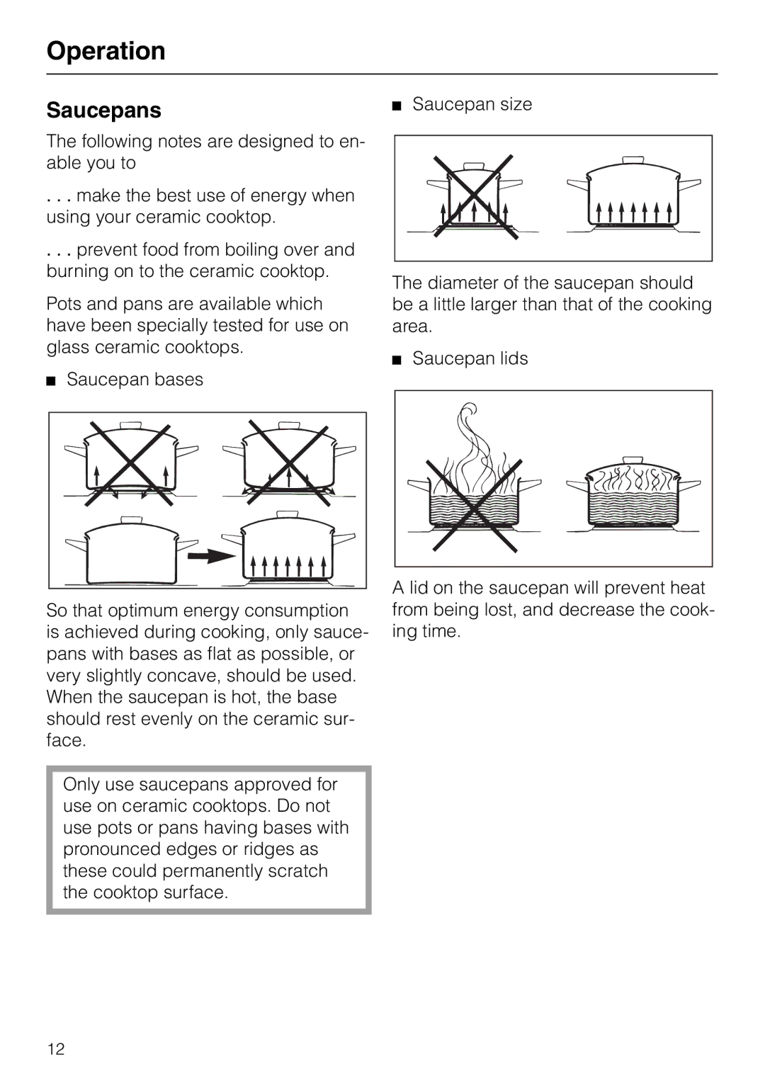 Miele KM84-2, KM 87-2 manual Operation, Saucepans 