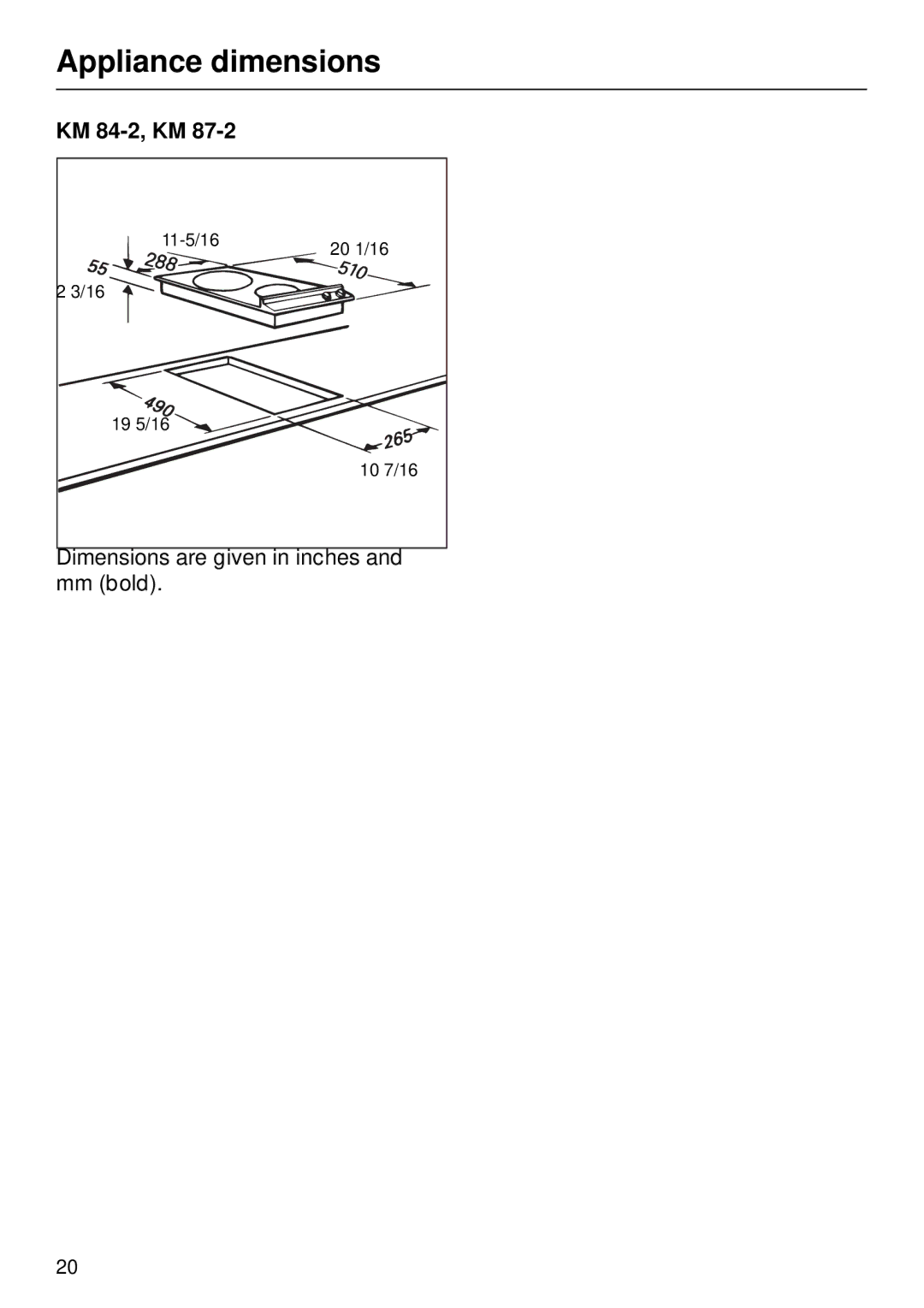 Miele KM84-2, KM 87-2 manual Appliance dimensions, KM 84-2, KM 