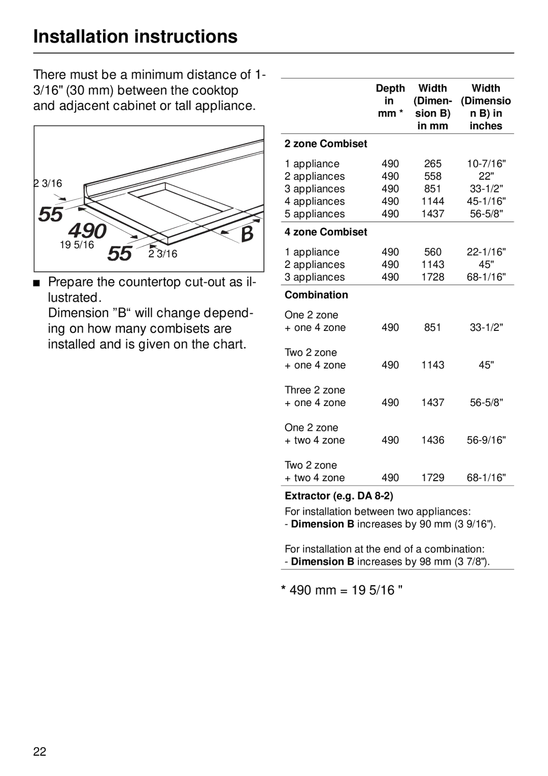 Miele KM84-2, KM 87-2 manual 490 mm = 19 5/16 