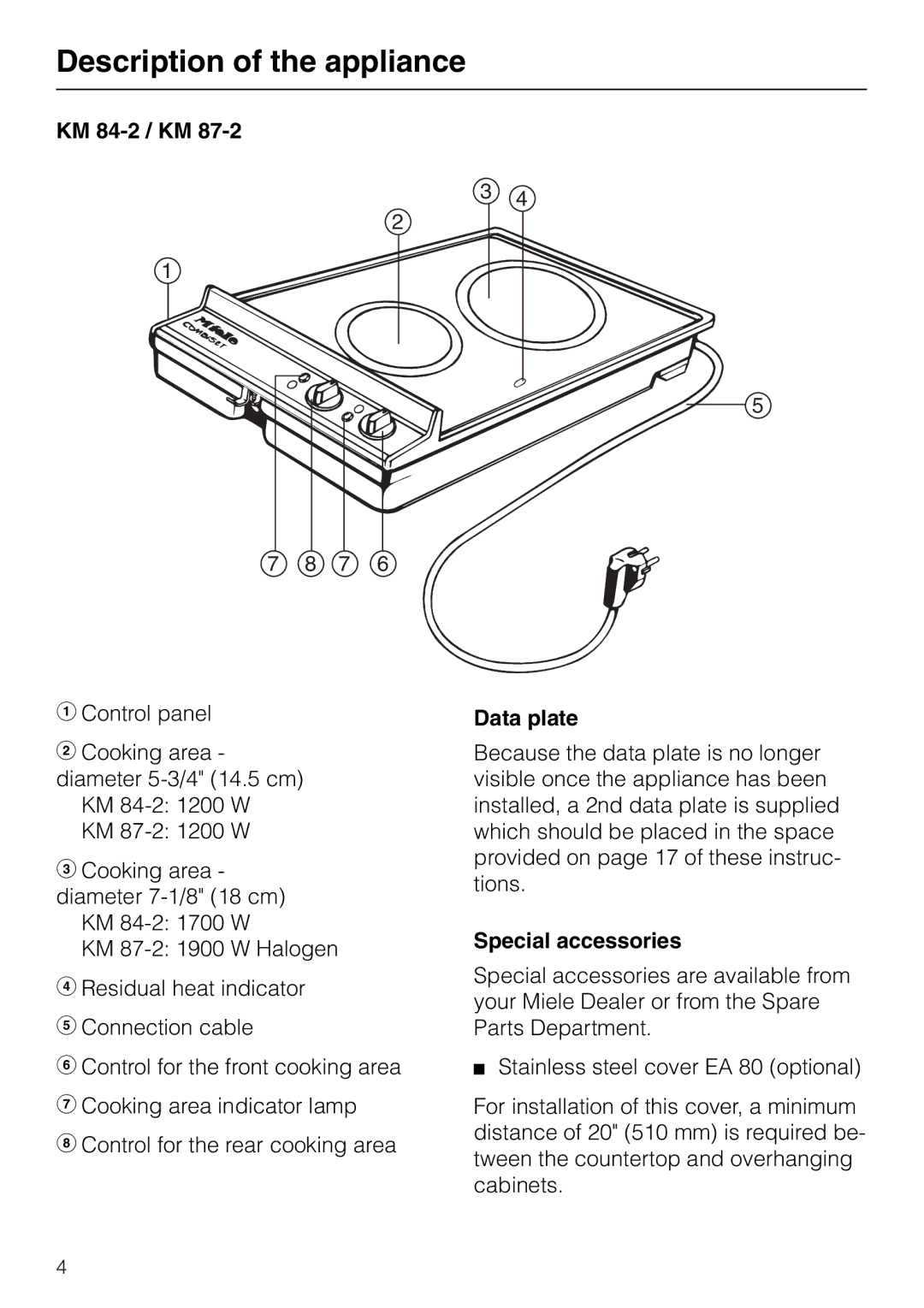 Miele KM84-2, KM 87-2 manual Description of the appliance, KM 84-2 / KM, Data plate, Special accessories 