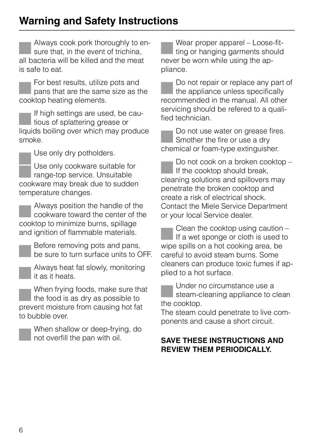 Miele KM84-2, KM 87-2 manual Save These Instructions and Review Them Periodically 