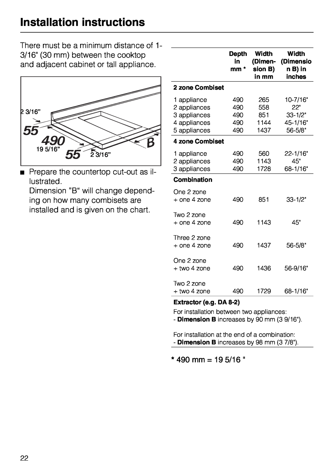 Miele KM84-2 Installation instructions, Prepare the countertop cut-out as il- lustrated, 490 mm = 19 5/16, Combination 